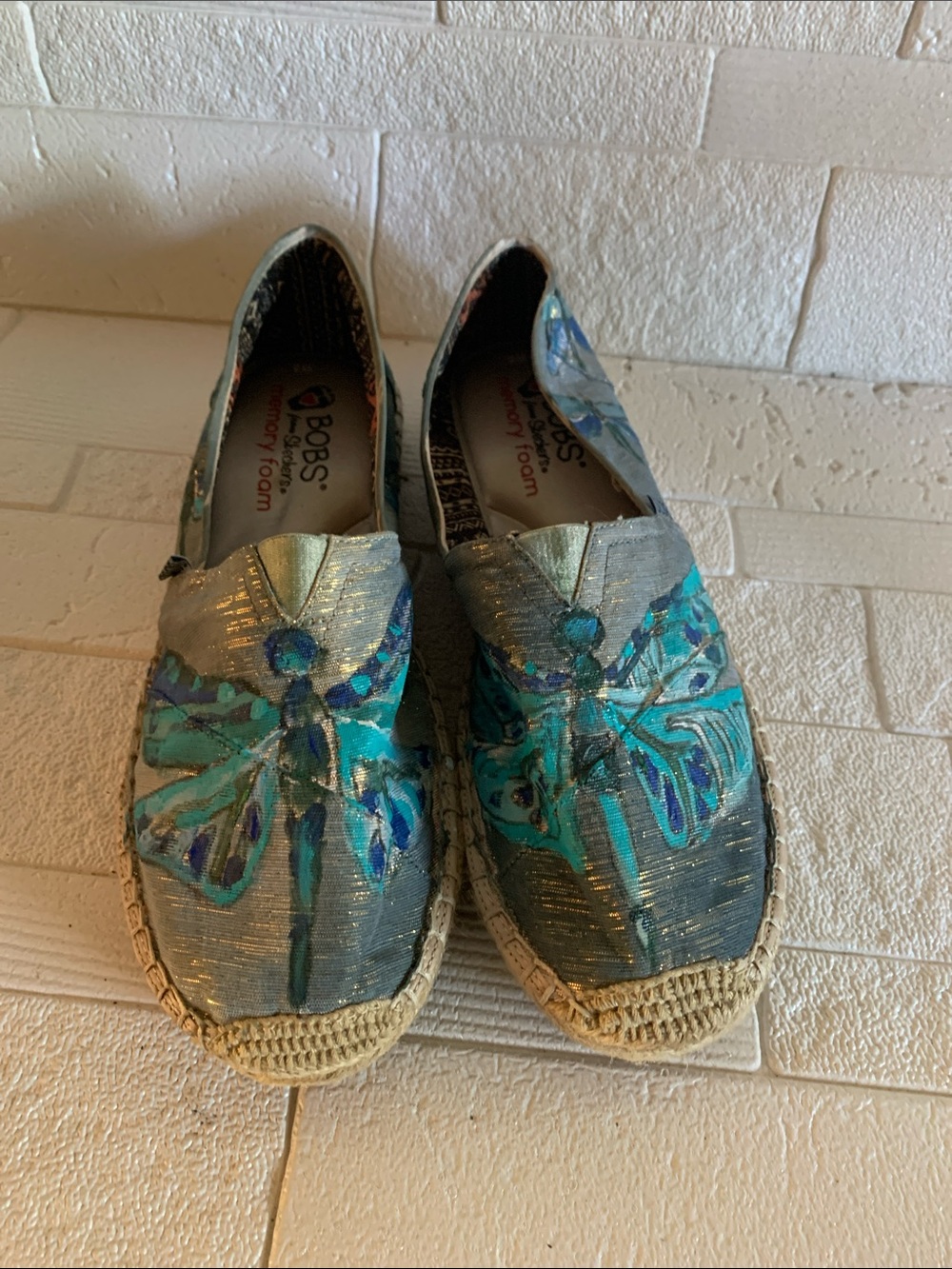 BOBS from Skechers Metallic Gray Espadrilles with dragonfly Teal and Blue Accent